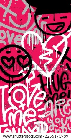 Abstract girlish chaotic pattern with urban graffiti words, scuffed and sprays. Veliocal Grunge texture background. y2k Wallpaper for girls. Fashion wall in 00s emo style. Vector illustration.