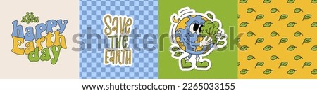 Set of happy earth day posters in trendy retro cartoon style, groovy 70s banner collection with lettreing, text, planet mascot. Vector contour hand drawn illustration