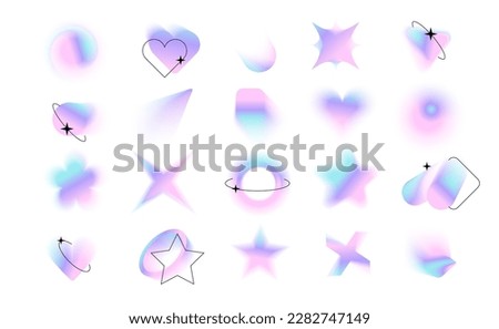 Blurred gradient holographic shapes set with black linear forms and sparkles.Big blurry aura aesthetic elements collection in y2k style. Modern minimalist design element with blur effect. eps10 vector