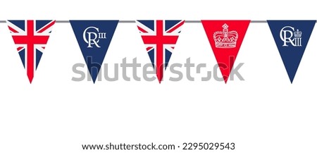 King's coronation UK Union Jack flag garland. Flat vector illustration. Seamless border to festive decoration.