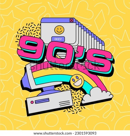 1990s Memphis poster or card with computer, rainbow, PC window and geometric elements. Back to the 90s vibe. Vector illustration in trendy 80s-90s vintage style.