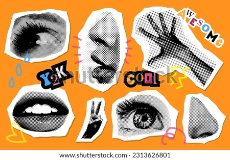 Eyes and lips and ear in halftone treatment. Collage design elements in trendy dotted pop art style. Retro Vector illustration with vintage grunge punk cutout shapes.