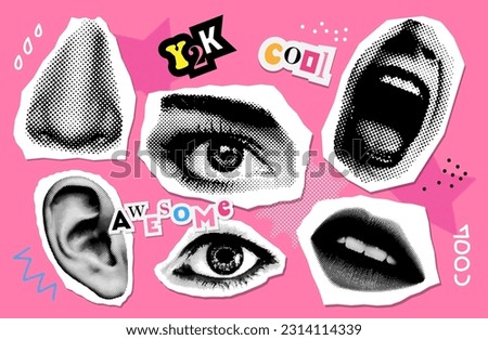 Collage design elements set in trendy y2k dotted style. Retro halftone effect. Face parts - mouth, eye, lose, ear. Vector illustration with vintage grunge punk cutout shapes. Stickers collection.