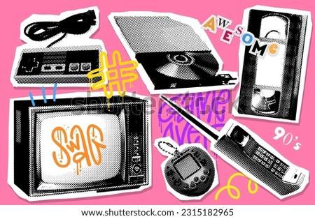 Dithering halftone collage analog electronics elements for mixed media design. Mobile phone, TV, gamepad, video cassette, tamagotchi in bitmap texture, dotted cutout style. Vector 90s illustration