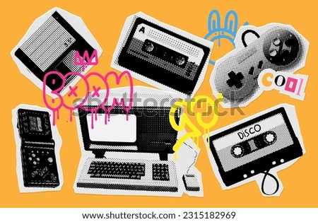 90s Retro electronics in halftone treatment. Collage elements in trendy dotted y2k style. Vector illustration with vintage grunge punk cutout shapes. Black grunge audio cassette, floppy disc, PC