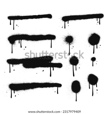 Set of Spray painted lines and grunge dots. Paint splatter circle shapes, urban graffiti drawing strokes, dirty street art texture. Black dot print, splattered line collection. Abstract vector design.