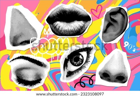 Retro halftone collage elements set for mixed media design. Eyes, lips, nose and ear in halftone texture style. Vector illustration of vintage grunge paper stickers.