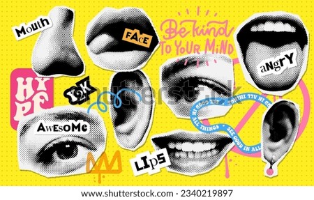 90s Punk style collage elements of face parts set. Eyes, nose, lips and ear in halftone treatment. Retro magazine clippings. Offset dotted Vintage Vector illustration.