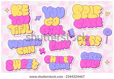 Set of cool 90s-00s retro girlylettering stickers. Vector illustration in y2k style. Kawaii slogans collection in trendy barbiecore 2000s style. Vintage emo aesthetic.