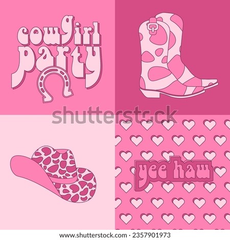 Collection of retro pink Cowboy square cards with Cowgirl boots, hat and lettreing text for Cowgirl party. Wall art vintage covers preppy set. 60s western and wild west theme. Hand drawn vector poster