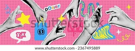 Trendy 90s style punk halftone collage hands set decorated with funky doodle elements. Retro halftone elements for banner, poster, card. Palms holding something. Contemporary vector illustration.