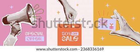 Retro 80s collage set on the theme of SALE. Halftone effect hands in 90s vintage style holding loudspeaker, paper bag and gift card. Vector mixed media illustration, shopping bag in arm.
