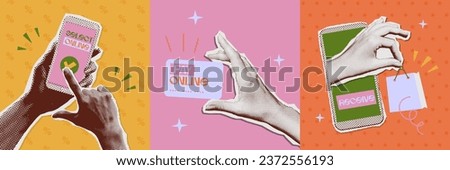 Online shopping and delivery banners set with retro halftone collage handy hands. 1990s mixed media stages of e-commerce. Vector illustration