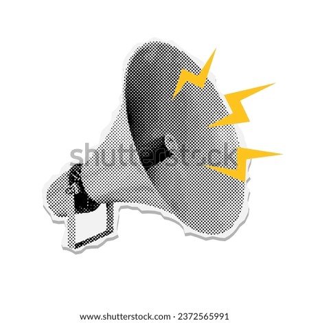 Loudspeaker torn out paper sticker for collage. Retro megaphone with yellow lightnings. Vector halftone illustration Grunge punk element.