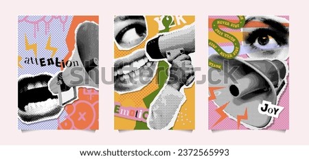 90s retro mixed art Posters set with collages. Punk pop art with megaphone, female eye and mouth. Halftone inspired paper cutout elements. Doodle stickers on textured background. Vector illustration.