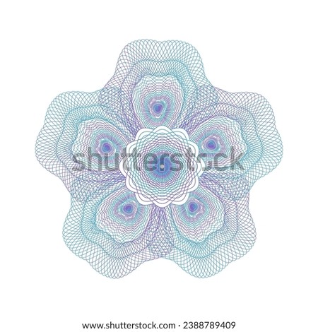 Guilloche rosette complicated element in flower shape style. Isolated template for the protection of securities, an ornament in the form of wavy curly lines in the form of a floral petals. Vector.