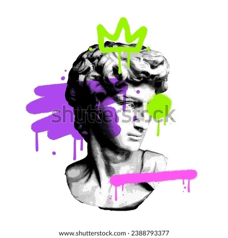 Creative modern pop art poster with Antique sculpture bust and grungy graffiti abstract elements. T-Shirt Design, Printing, clothes, bags, posters, invitations, cards. Vector illustration hand drawn.