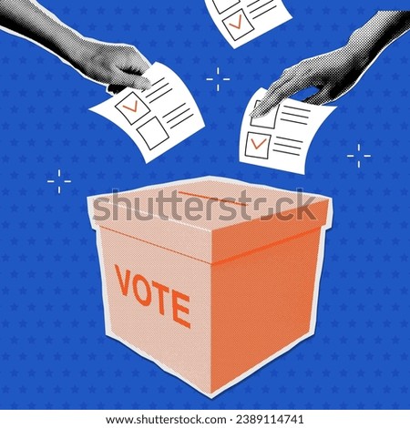 Vote ballot box halftone collage. Group of people putting paper vote into the box. 2024 Election concept. Democracy, Freedom of speech, justice voting, opinion. Referendum event. Vector illustration