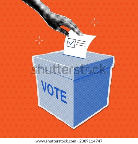 Female hand putting ballot paper into ballot box in pop art retro halftone style. y2k trendy vector illustration. Democracy, Freedom of speech, justice voting poster. VOTE 2024
