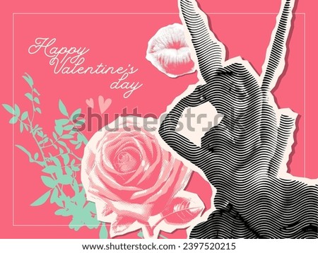 Valentine's day cars template with relationship concept. Halftone antique man - woman sculptures retro grunge wavy halftone vector cutout collage elements with kiss and rose. Paper mixed media collage