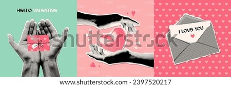 Creative set of Valentine's day greeting card covers with Halftone hand giving gift, letter and heart. Contemporary Valentine Collage Retro celebration poster for Social Media. Vector illustration 80s
