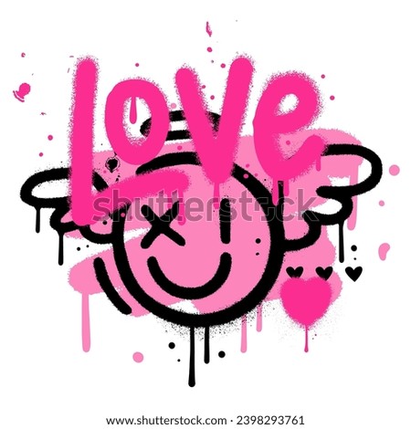 90s spray paint valentine's dat greeting card. Hand drawn graffiti texture style comic cupid emoji shape, heart and word LOVE. Design for print, sticker. Trendy 90s vintage Vector Illustration