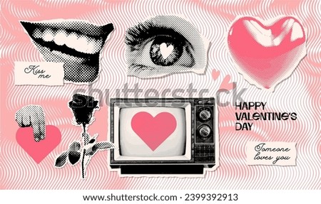 Collage grunge dotted punk halftone collage stickers set with lips, eye, mouth, tv, hear and rose doodle elements in y2k retro style. Valentine's day advertising design. Trendy vector illustration.