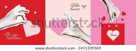 Halftone Valentines day collage covers set in contemporary mixed media style. Modern vector poster with dotted elements - hands and hearts. Concept of relationship, love, romance, valentine day.