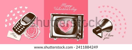 Halftone collage Valentine's day greeting cards set with grunge texture. Retro y2k phone, Old button mobile phone, TV and megaphone with Symbols of love broadcast and Valentines day. Vector design.