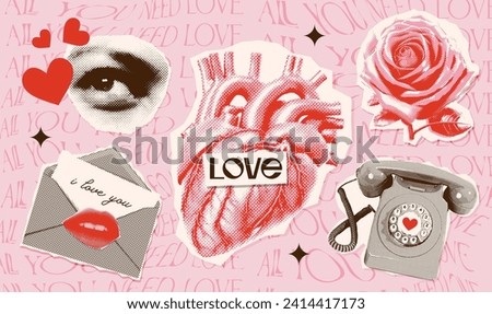 Set of retro halftone Valentine day torn out paper stickers elements of human heart, eye, love letter, rose and retro telephone. Trendy collage vector illustration