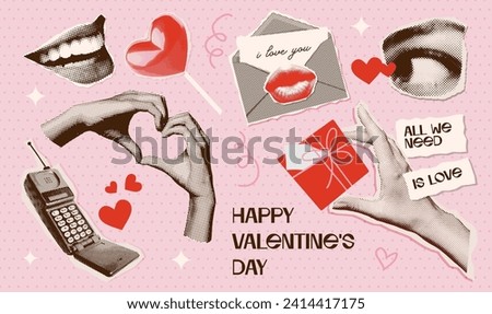 Valentine day Halftone torn out collage elements set with groovy heart shapes, eyes, hands, mouth. Gift, love letter, retro cellphone, lollipop. Trendy vintage collage vector illustration