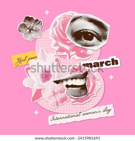 Mixed media 8 female symbol with halftone female collage elements - flowers and torn out female face parts. Banner template for International womens day, feminism, gender equality. Vector illustration