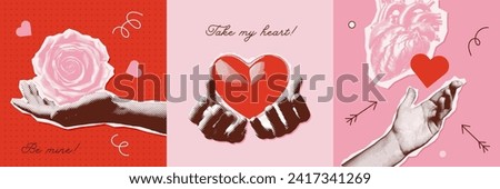 Halftone collage Greeting cards set for Valentine's day decoration. Paper elements of hands holding heart and flowers. Trendy y2k vector illustration
