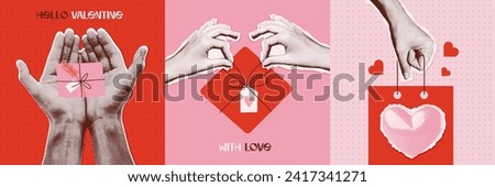 Happy Valentine s day trendy vintage cards set. Hands holding and giving gifts. Contemporary art halftone collage for Valentine's Day. Vector illustration. Modern design with cut out halftone arms