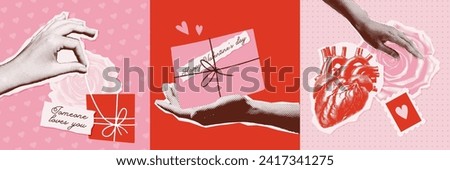 Trendy Halftone Collage cards set with halftone Female Hands. Social media covers with hands holding, giving, unboxing gift. Contemporary art magazine style. Vector illustration