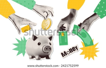 Set of hands holding money elements for y2k collages. Halftone Retro piggy bank, coins, plastic card isolated on white background. Vector illustration.