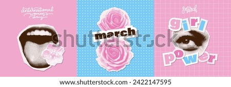 March 8 international women's day halftone collage cards set. Trendy Girl power concept. Vector illustrations. Typography banners. Background for a poster, t-shirt or banner.