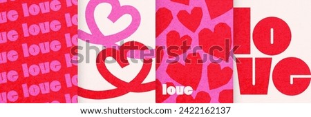 Happy Valentines Day cards set in trendy bold style. Duotone abstract art design with hearts and modern typography. Templates for 14 February - minimalistic patterns, cut paper heart elements. Vector