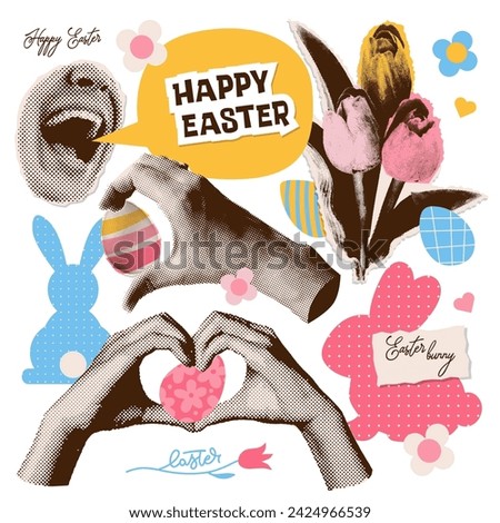 happy Easter halftone collage artwork minimal paper stickers of arms picking colorful Easter eggs, loud mouth and tulip bunch. Vector illustration.