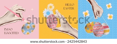 Similar – Foto Bild Hand hält ein Ei mit gemaltem Gesicht darauf. Ostern.