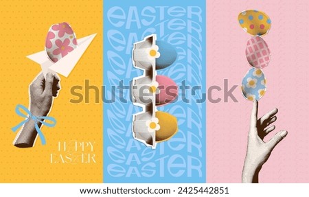 Hand with Easter eggs, balancing eggs pile, decorating Easter egg, Easter egg, sending congratulations. Square halftone collages set. Vector y2k pop art illustration.