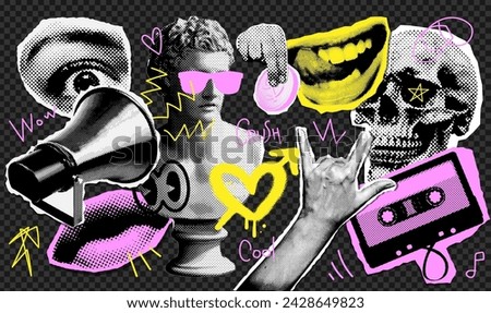 Halftone Collage design elements in trendy halftone collage magazine style. Cassette, statue, skull, megaphone, eye, mouth, rock hand. Vector y2k illustration with vintage grunge punk cutout shape.