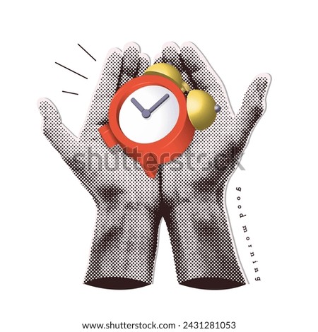 Trendy Halftone Collage with Two Hands holding red vintage 3d render Alarm Clock. Time management and deadline concept. Business planning and organization. Magazine paper style mixed art. Vector