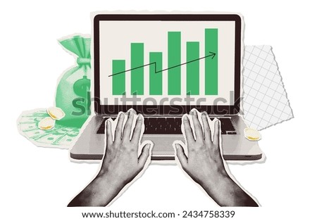 Contemporary halftone collage with hands, a laptop and money with growing graph. Grunge y2k mixed media banner of financial planning. Investing concept. Vector art