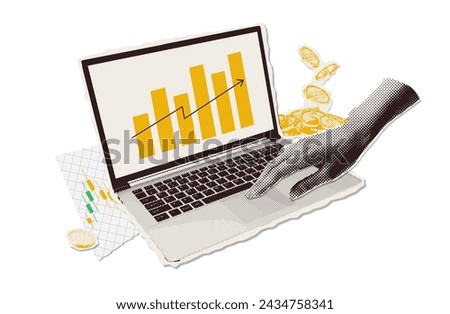 Minimalist collage with halftone hands paper torn put stickers. Punk metaphor concept of Finance-themed banner with growing stock money and profit cash. Cutouts magazines elements. Vector