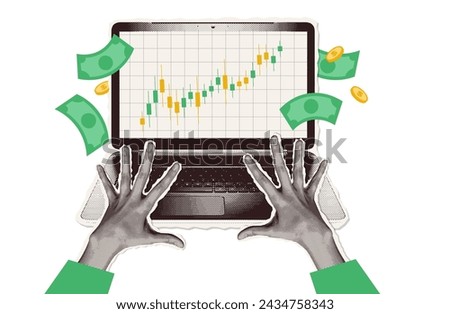 Halftone collage of online trading with laptop and happy hands. Funding graph on computer screen concept. Y2k vintage vector trading for business investment vector illustration