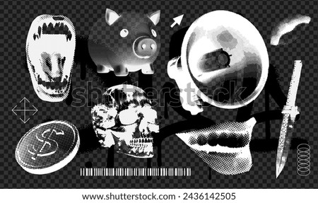 Vintage dotted texture effect negative elements set. Retro Skull, mouth, piggy bank and loudspeaker with grunge messy texture. Trendy y2k aesthetic vector illustration for poster design, tee print