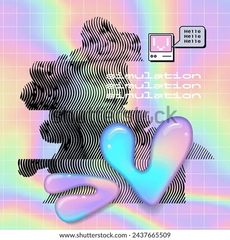 Distorted melting vaporwave collage with marble sculpture in , Apollo Belvedere bust and fluid forms. Holographic retrowave style poster concept, postmodern aesthetics of 80's-90's. Vector