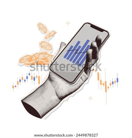 Contemporary halftone collage with hand holding phone with growing graph. Grunge y2k mixed media banner of financial planning. Investing poster concept. Vector trendy vintage illustration.