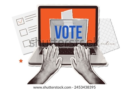 Trendy Halftone Collage banner for online election. Laptop with Hands in Torn Paper retro style. Online voting and election concept. Vector illustration.